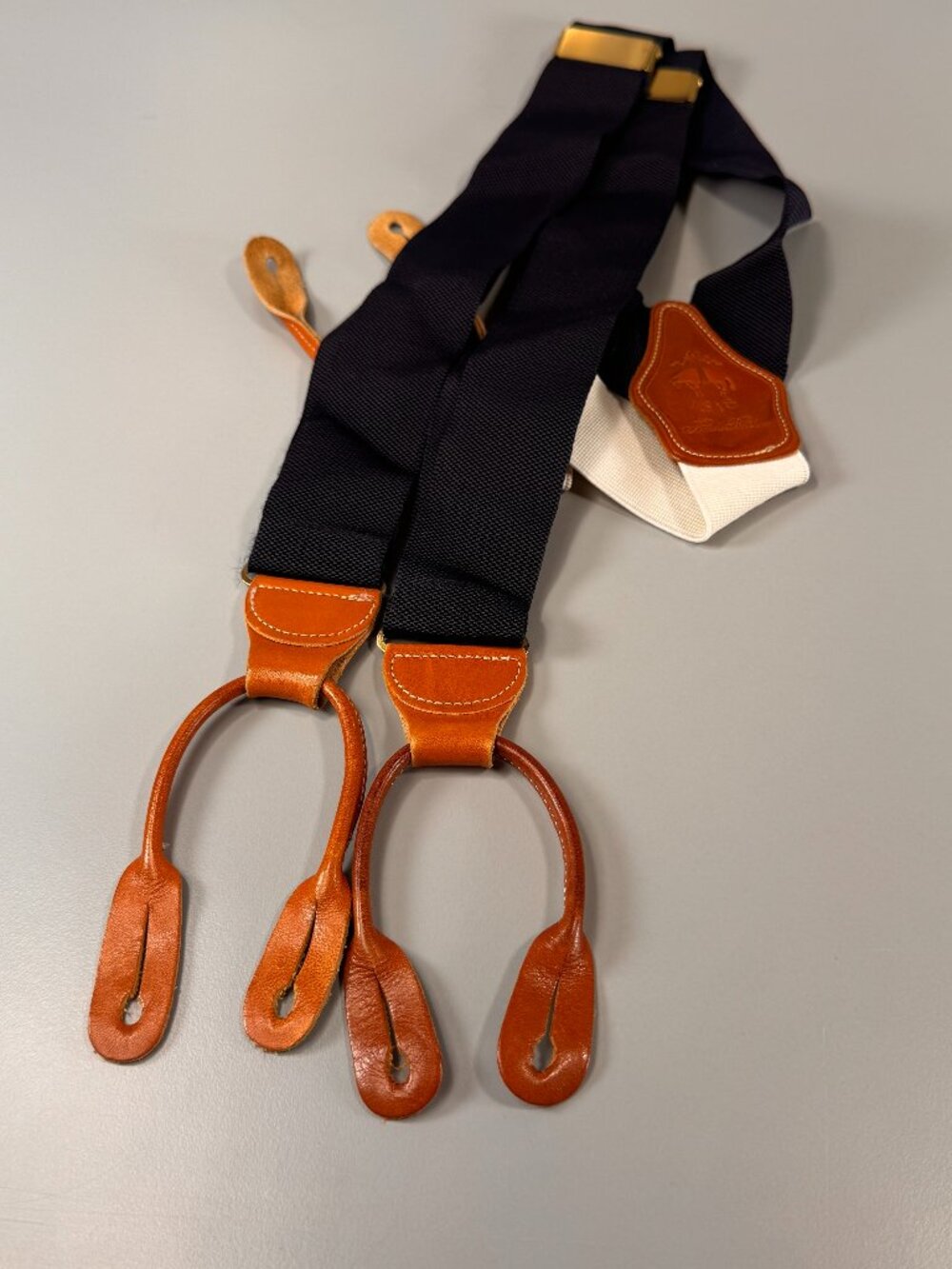 Brooks Brothers Navy Suspenders | Tan Leather + Brass Hardware | Made in England